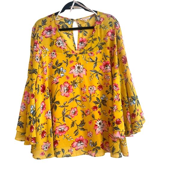 Nanette Yellow with Pink and Green Floral Pattern, Dramatic Bell Sleeve Blouse - Picture 1 of 6